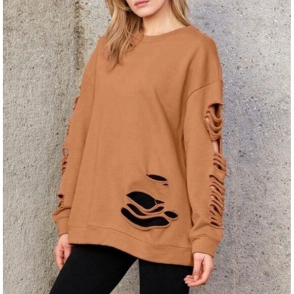 ALO Sweaters - Alo Fade Distressed Cut Out Pullover Sweatshirt Henna Small Grunge Loungewear